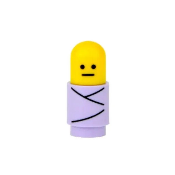 digital artwork featuring a LEGO character wrapped in a purple blanket.