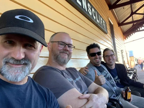 Blues musicians lined up at the train station